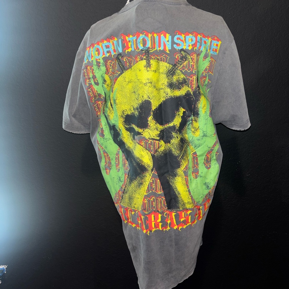 Black Short Sleeve Graphic Tee with Neon Skull Print
